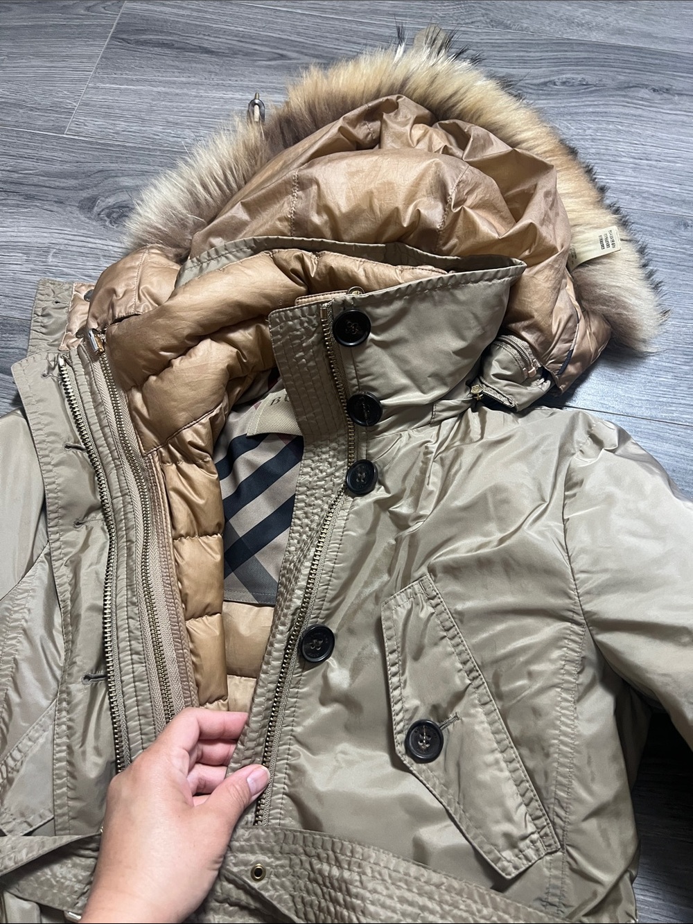 3-in 1 Burberry Beige/Tan Quilted Hooded Belted Parka with Faux Fur Trim - Picture 5 of 16